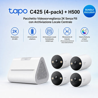 Tapo C425 4pz + H500 HomeBase – Kit Sicurezza 2K Wire-Free con Storage Locale