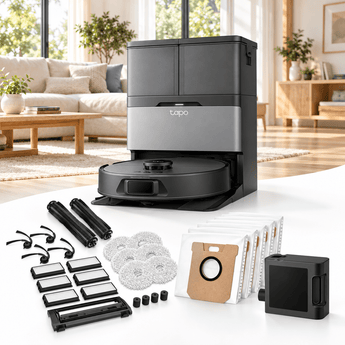 Tapo RV50 Pro Omni + RVA110 + RVA450 + RVA210 Set Robot Aspirapolvere con Sacchetti, Accessori e Detergente