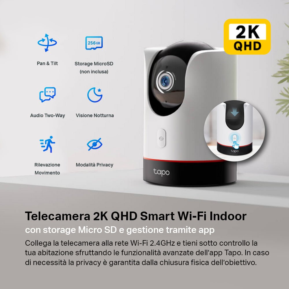 Tapo C220 Telecamera Wi-Fi 2K 4MP QHD, Panoramica 360°, Visione Notturna, Allarme, MicroSD 512GB, Alexa E Google